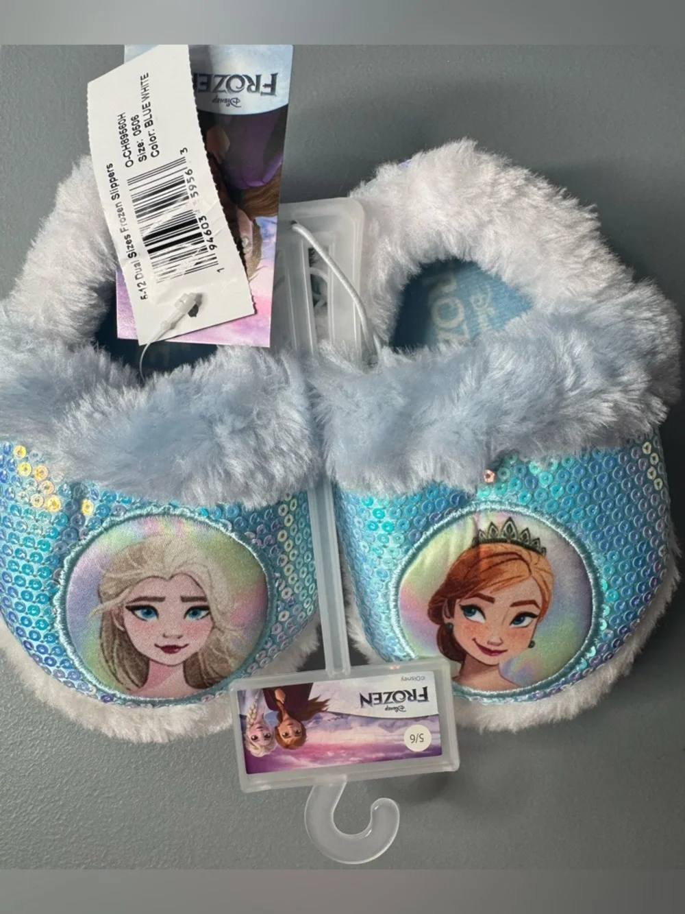 Disney Frozen Elsa & Anna Sequin Slippers iridescent faux fur slip-ons size 5/6